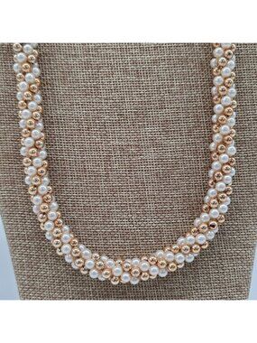Elegant Gold & White Faux Pearl Twisted Beaded Necklace 24 Inches